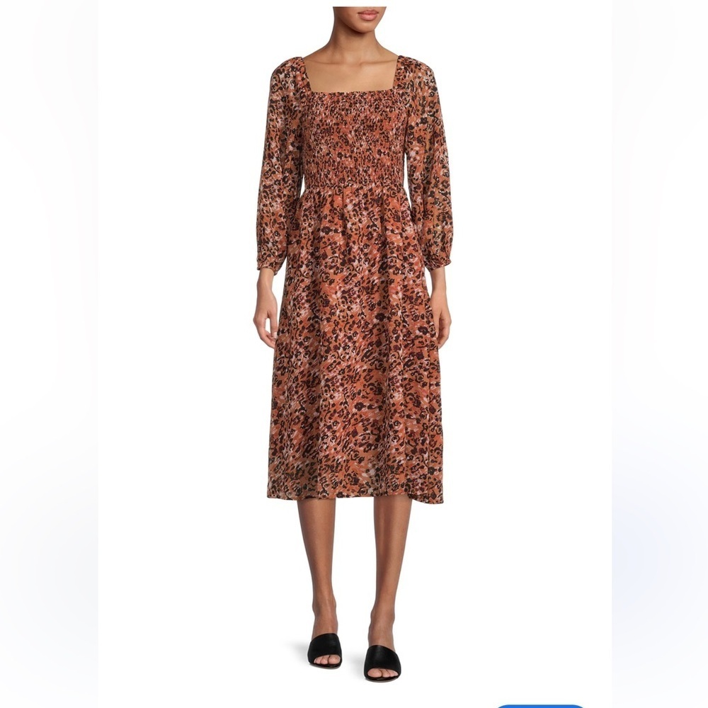 Beach lunch lounge Leopard Print Smocked midi Dress women L/G festival boho Y2K